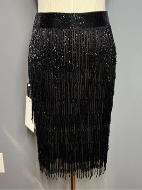 NWT Mac Duggal Black Beaded Fringe Pencil Skirt - 2